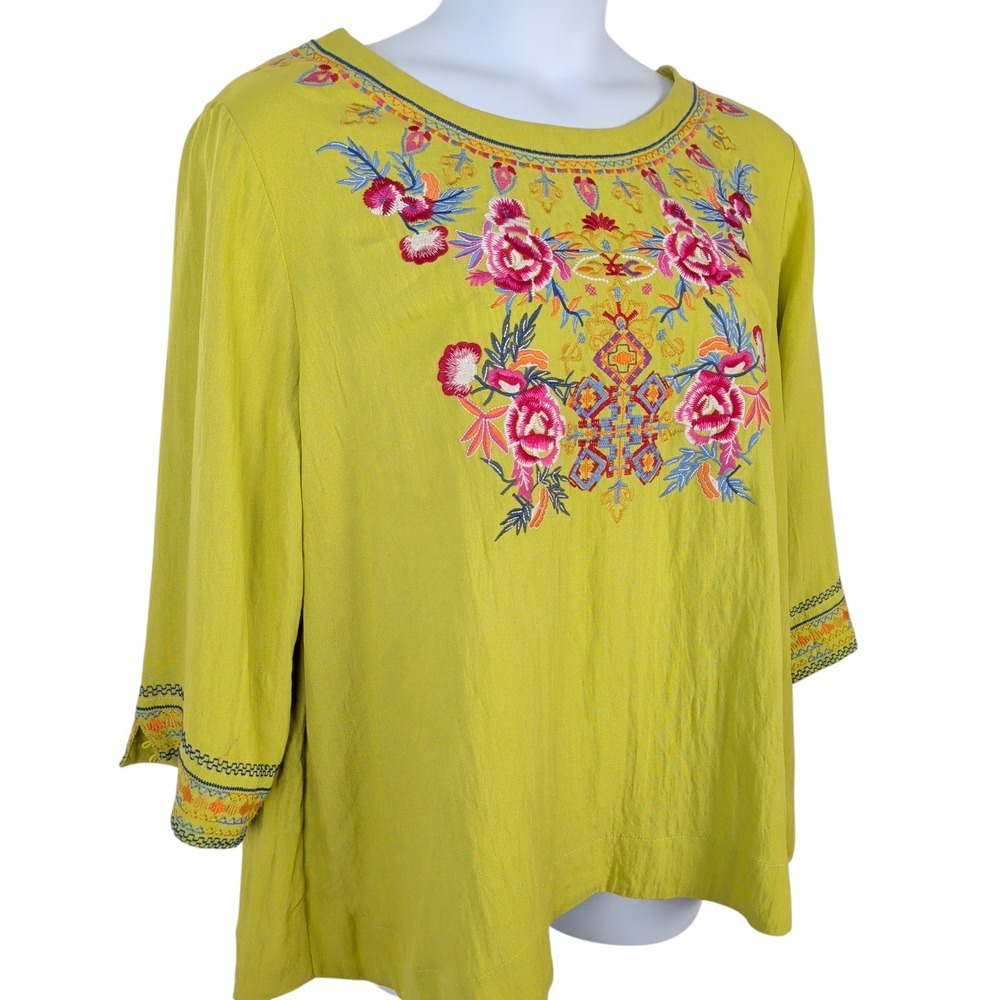Peasant Embroidered Floral Boho Cotton 3/4 Sleeve Blouse Lime Green Women's 2X